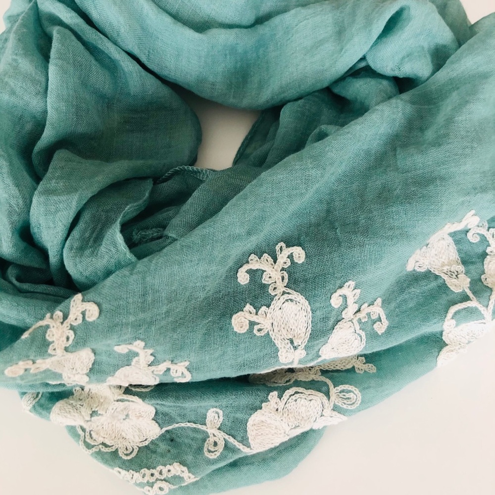 Teal Green Circular Cotton Scarf With Embroidery - Picture 1 of 4